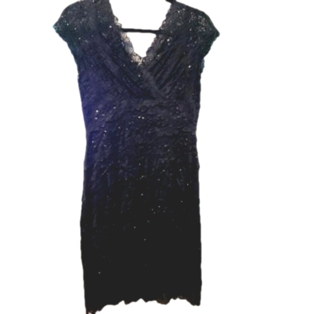 Le Chateau Black Lace Sequin Sparkle Dress Cap Sleeve V Neck Above Knee Small